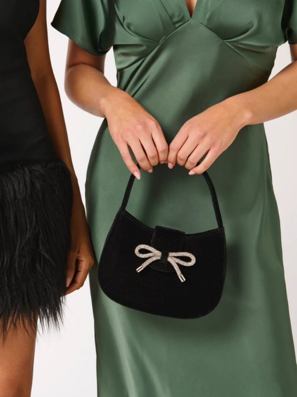Shiraleah Bowden Mini Bag Black Plush Velvet Single Handle Rhinestone Bow NWT